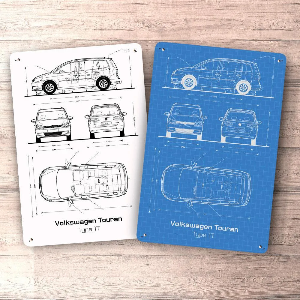 Volkswagen VW Touran Type 1T Blueprint Skilte, Musemåtte, Dørmåtte Hvid