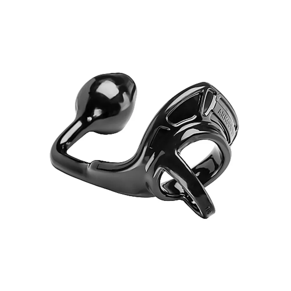 Textured Black Armor Tug Lock - Cockring med kuglerem og buttplug - Medium