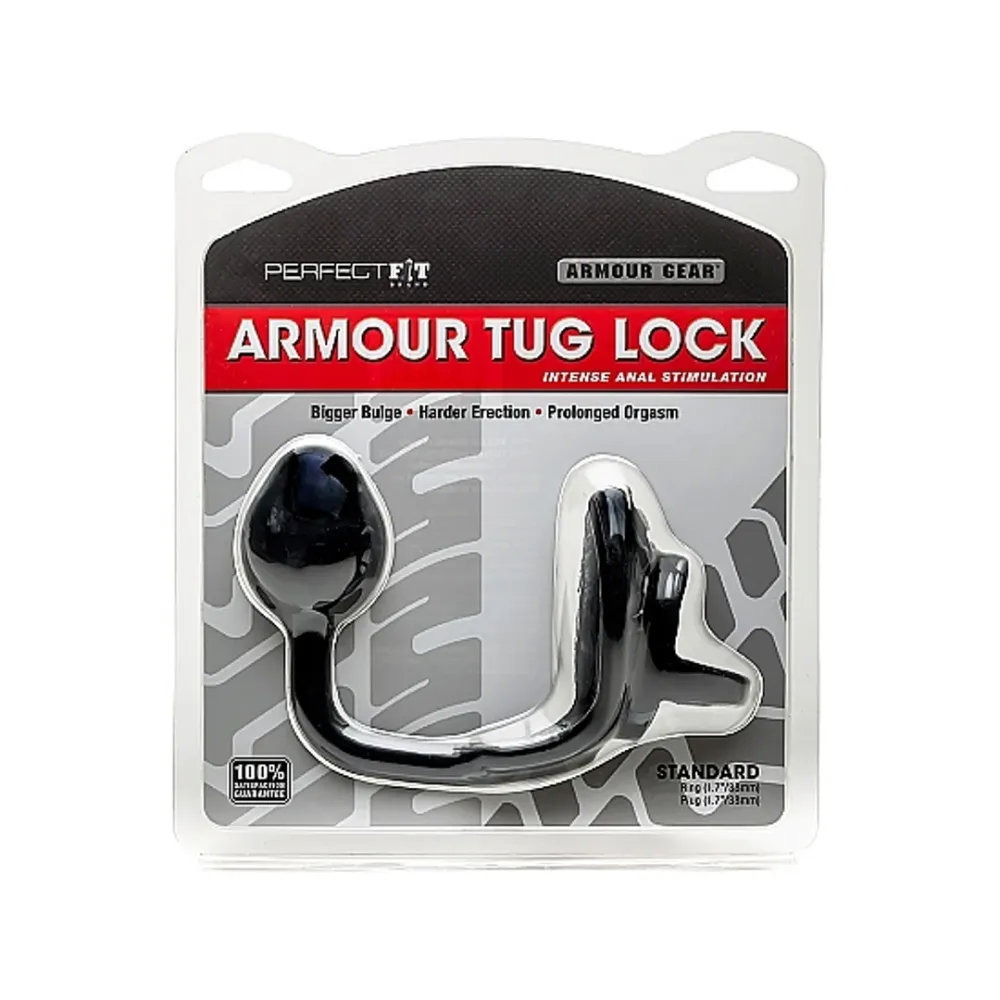Textured Black Armor Tug Lock - Cockring med kuglerem og buttplug - Medium