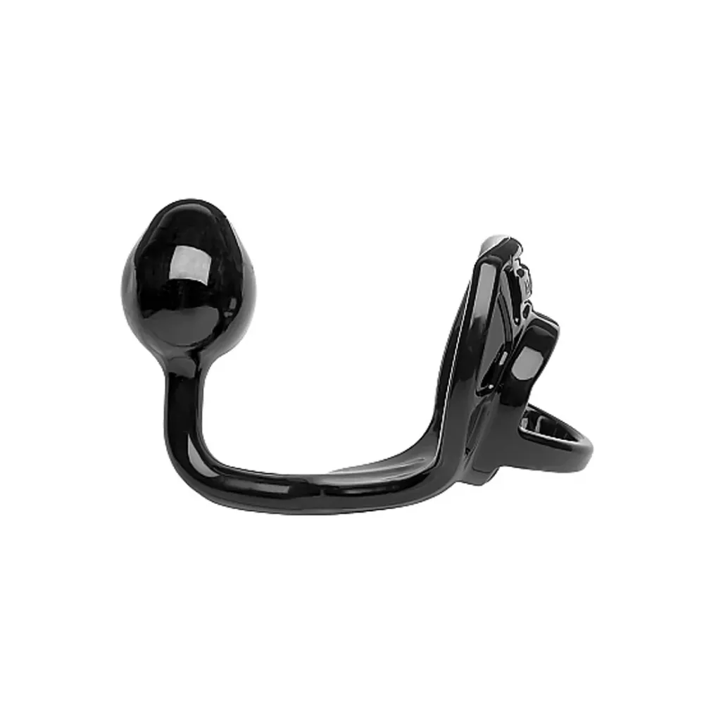 Textured Black Armor Tug Lock - Cockring med kuglerem og buttplug - Medium
