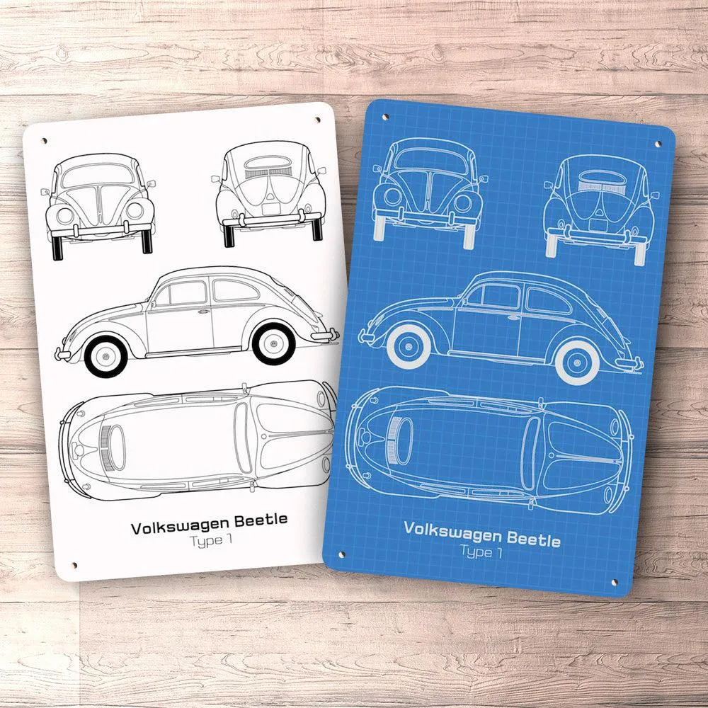 Volkswagen VW Beetle Type 1 Blueprint Skilte, Musemåtte, Dørmåtte Hvid