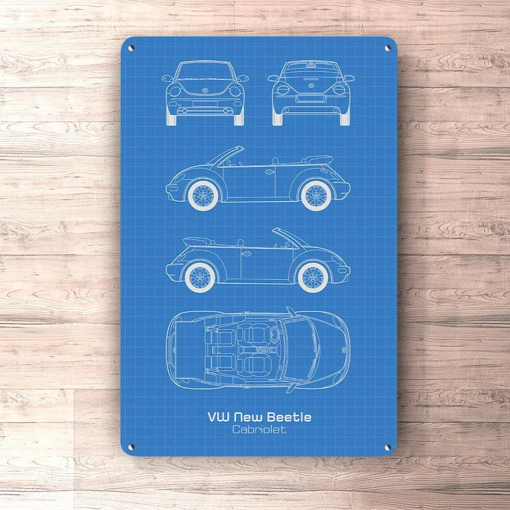 Volkswagen VW Recent Beetle Cabriolet Blueprint Skilte, Musemåtte, Dørmåtte