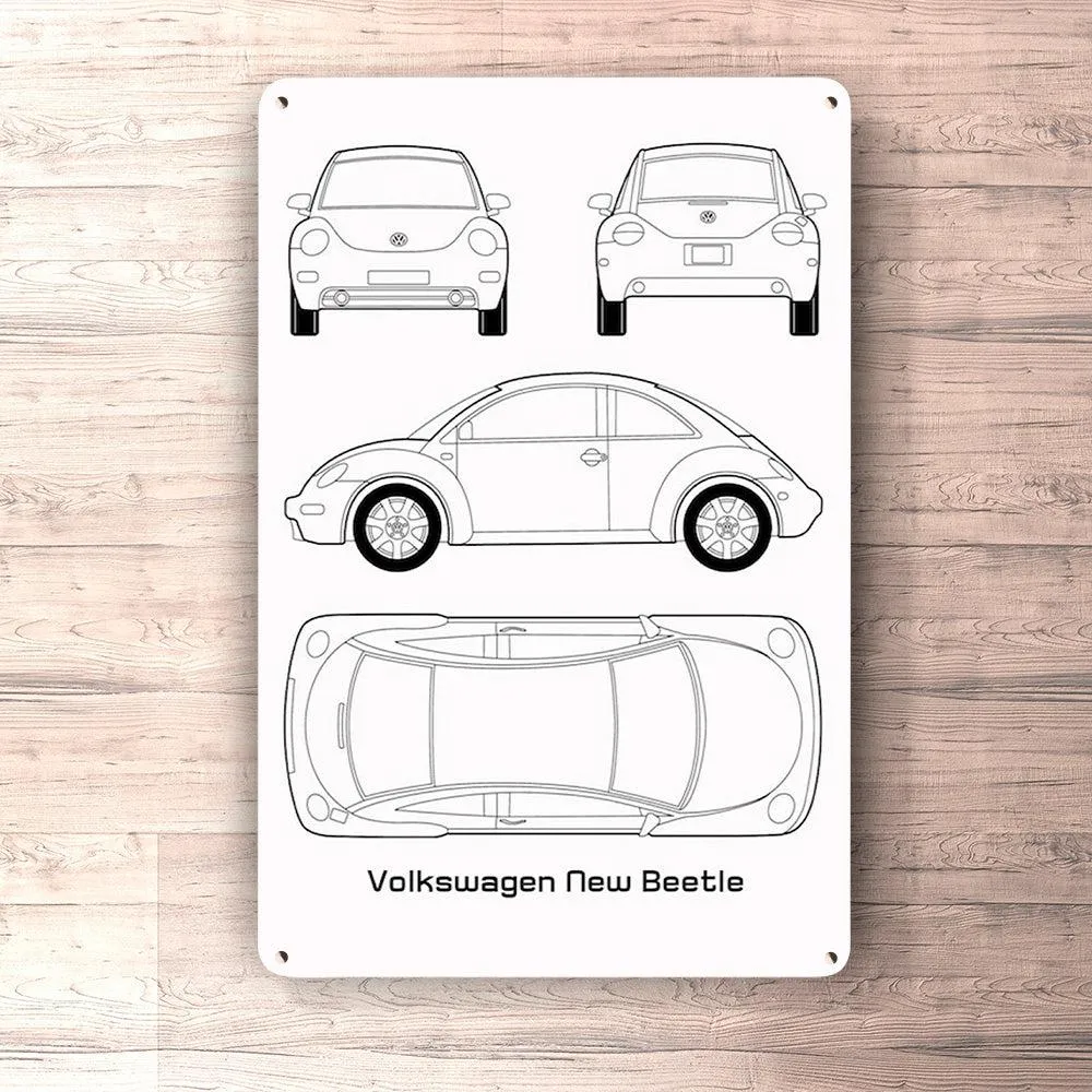 Volkswagen VW Unused Beetle Blueprint Skilte, Musemåtte, Dørmåtte Hvid