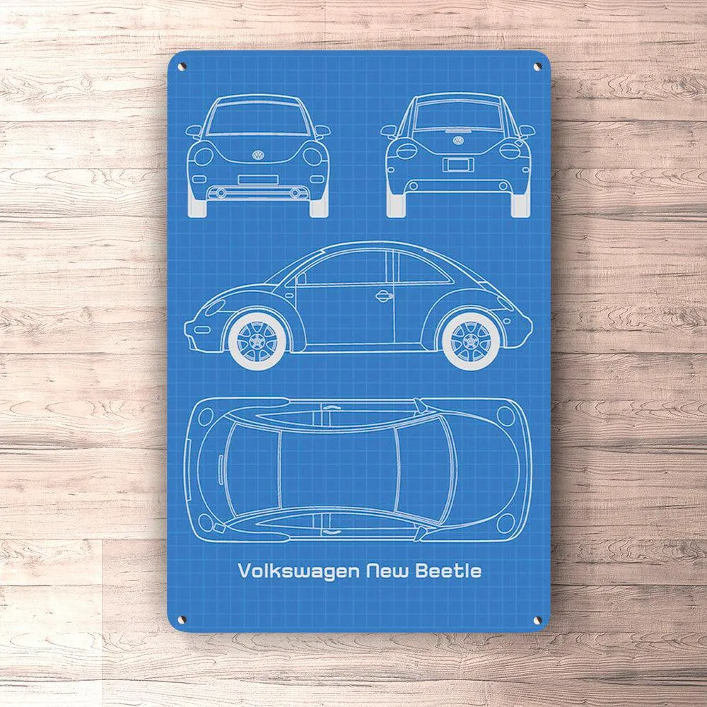Volkswagen VW Unused Beetle Blueprint Skilte, Musemåtte, Dørmåtte Hvid