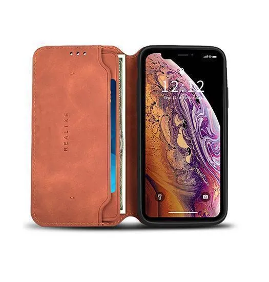 iPhone XS Max - Realike™ Folio Læder Cover M. Kortholder - Brun