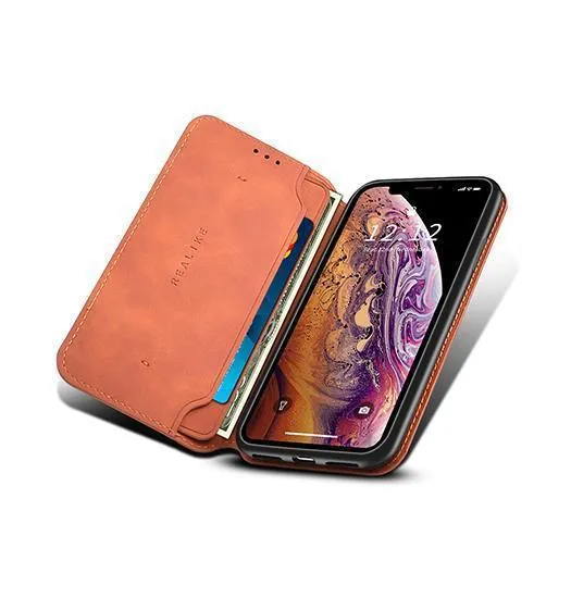 iPhone XS Max - Realike™ Folio Læder Cover M. Kortholder - Brun