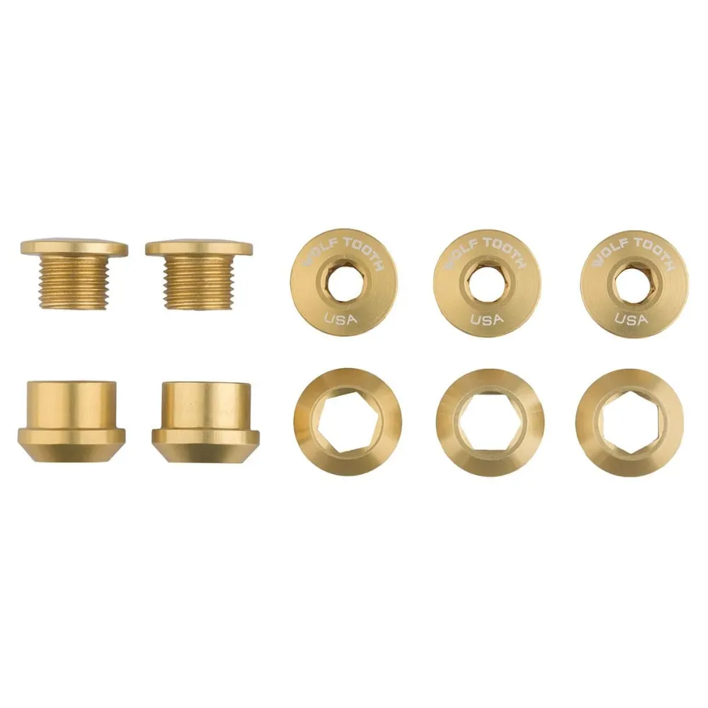5 M8x6 mm WOLF TOOTH 1X Gold kranksætbolt og låsemøtrik-sæt