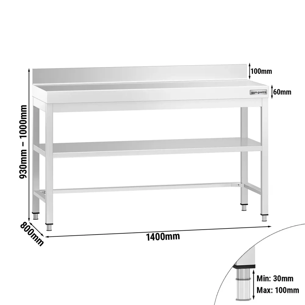 Rustfrit Stålbord SELECT - 1,4 m - med underhylde, afstivning & bagkant