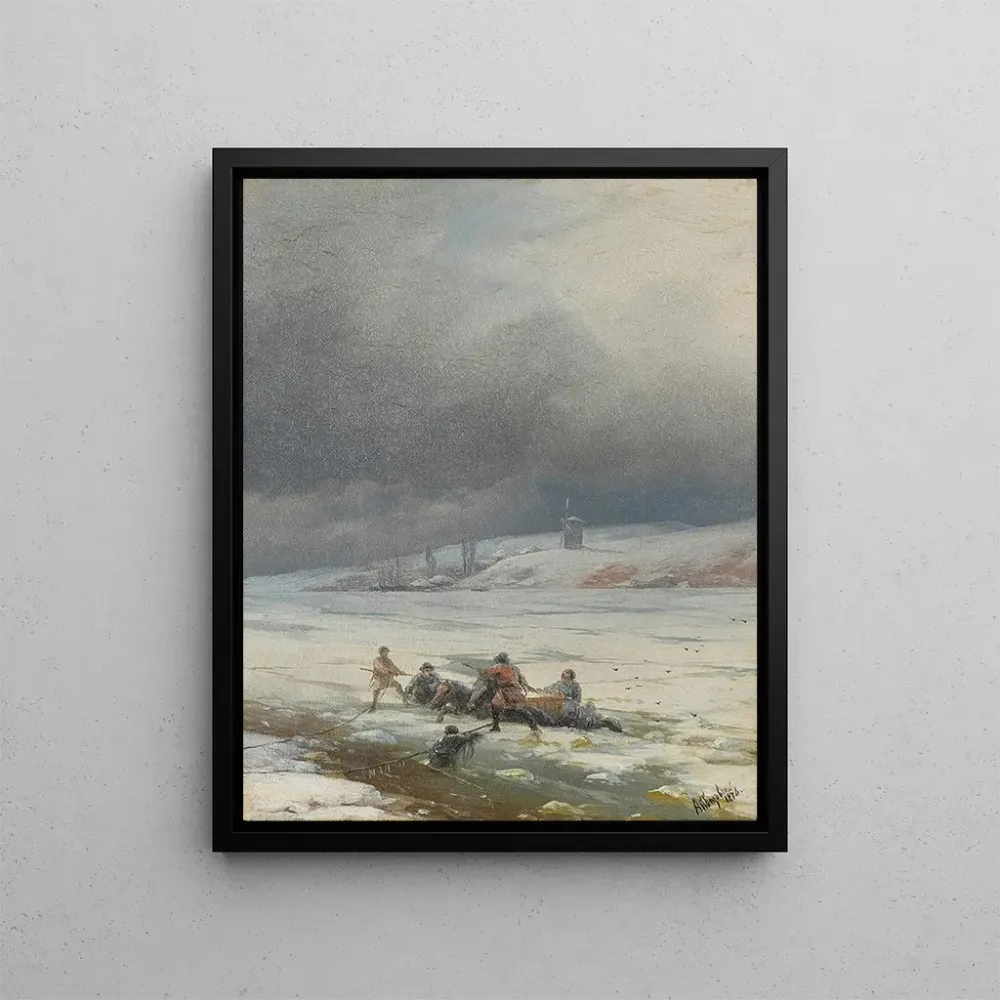 Gemälde "Aus dem Eis herausführen eines Pferdes und eines Wagens" - Ivan Konstantinovich Aivazovsky | Kunstdruck