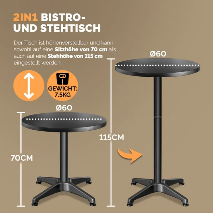 Sæt med 2 x barborde, sort aluminium, Ø60 cm, compact, højde justerbar