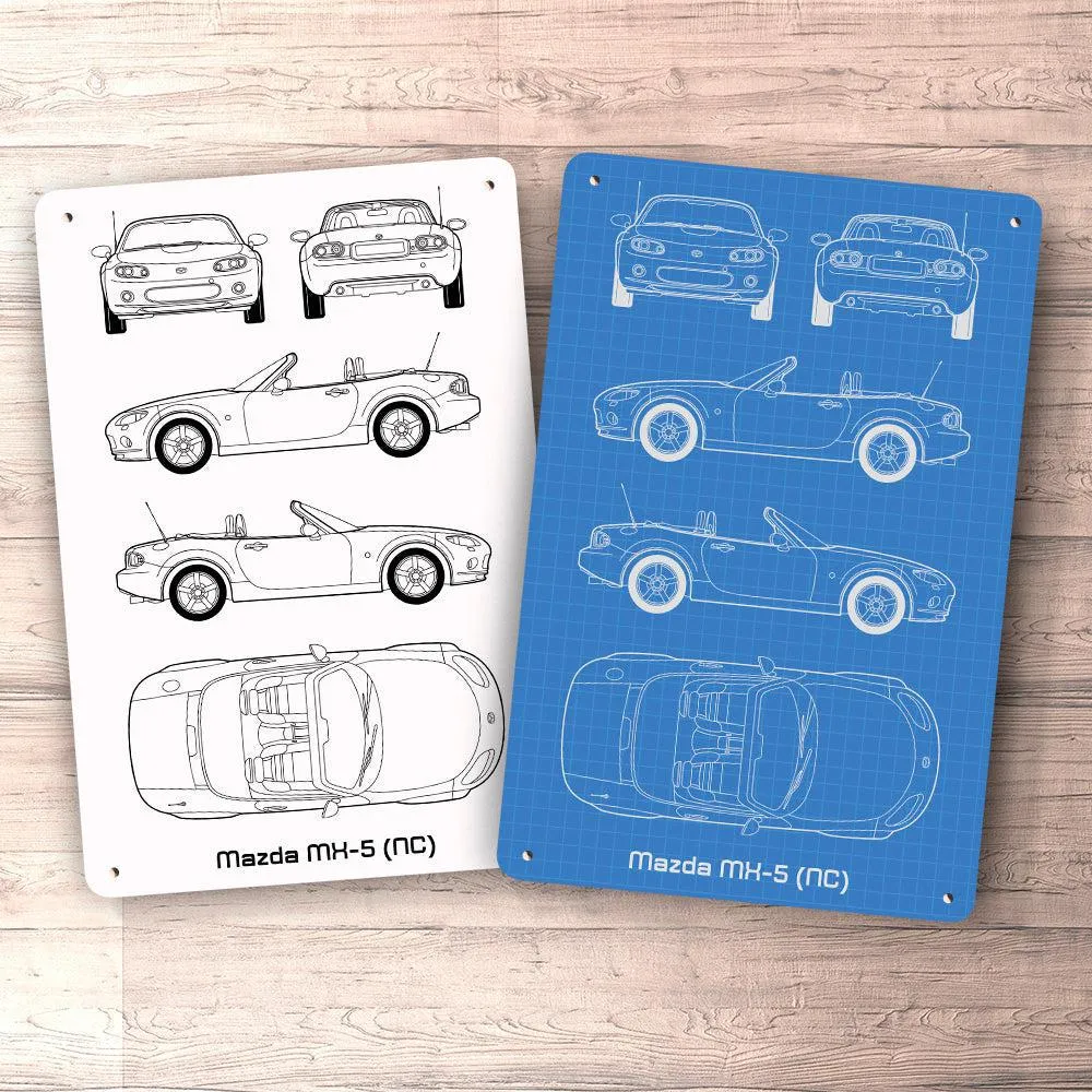 Mazda Mx-5 (Nc) Blueprint Skilte, Musemåtte, Dørmåtte Blaa