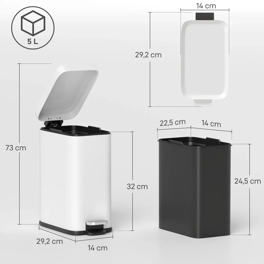 Metal skraldespand, 5 l kapacitet, med fodpedal, med indvendig spand, ivory