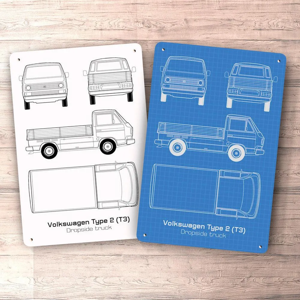 Volkswagen VW Type 2 T3 Dropside Truck Blueprint Skilte, Musemåtte, Dørmåtte Hvid