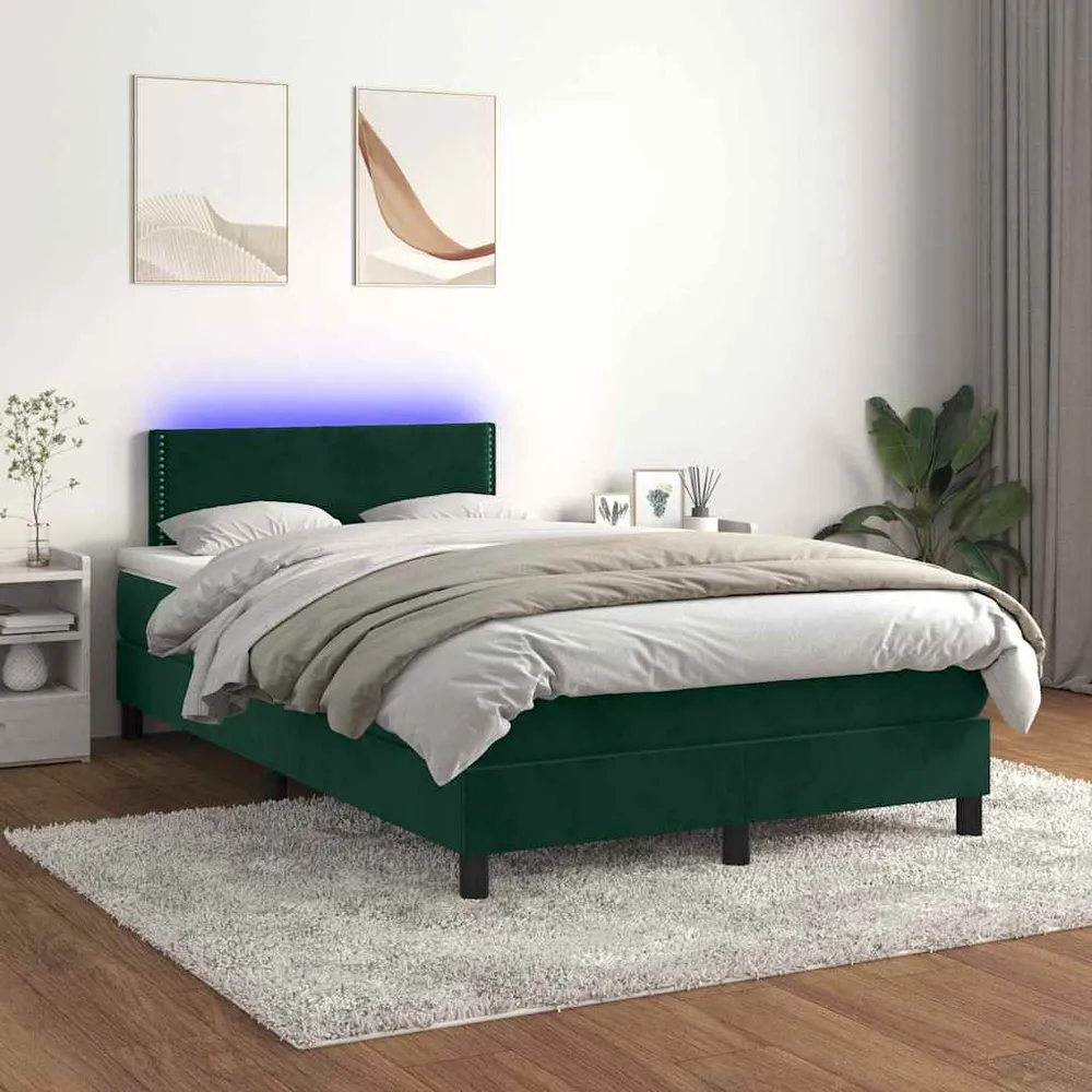 kontinentalseng med madras og LED-lys 120x200 cm fløjl mørkegrøn