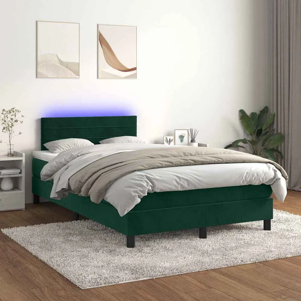 kontinentalseng med madras og LED-lys 120x200 cm fløjl mørkegrøn