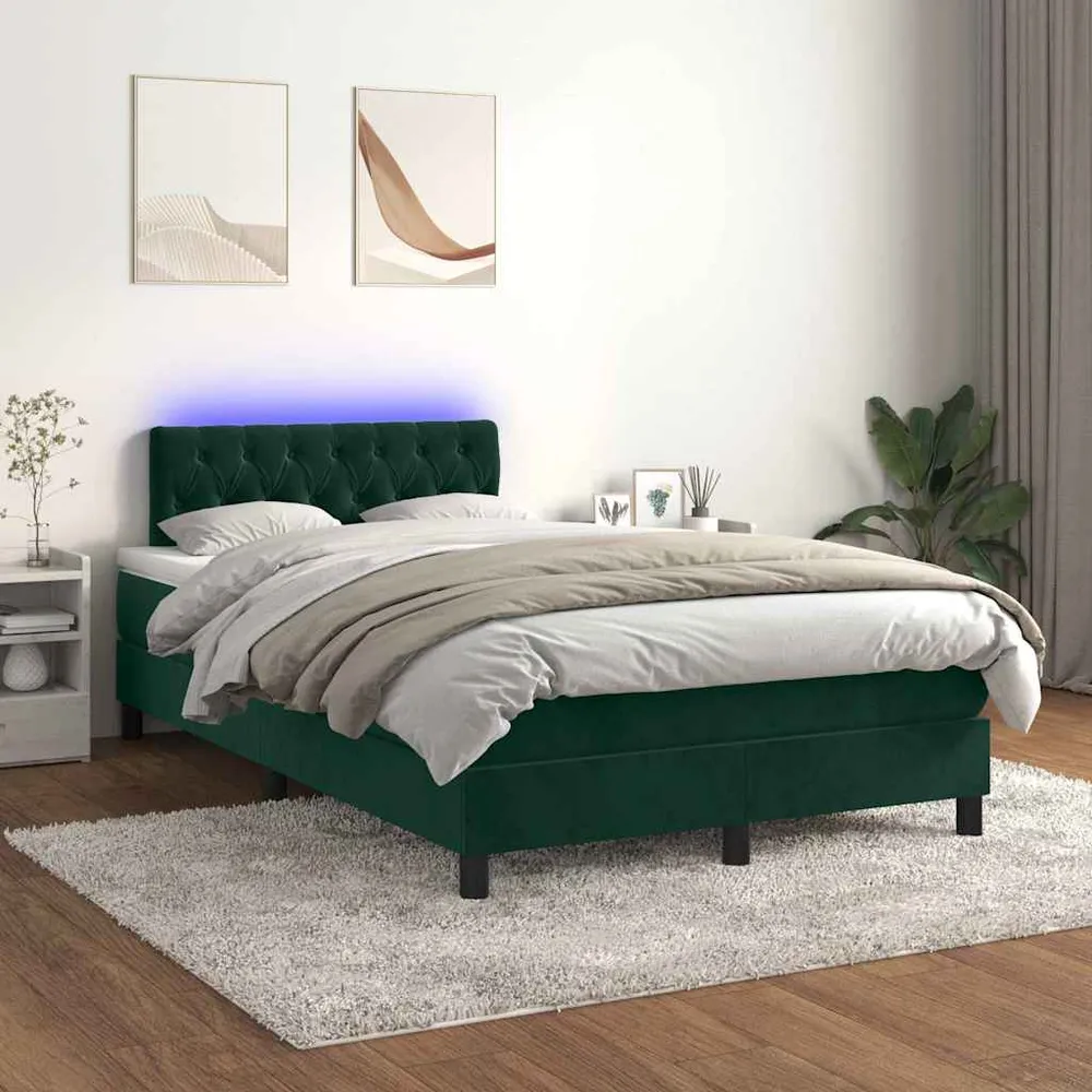 kontinentalseng med madras og LED-lys 120x200 cm fløjl mørkegrøn